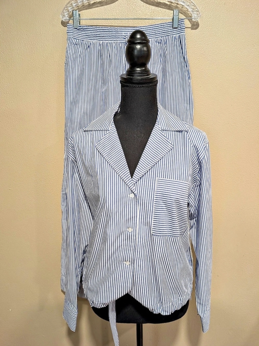 Free Assembly Blue White Striped Cotton Blazer & Wide Leg Pants Set XS